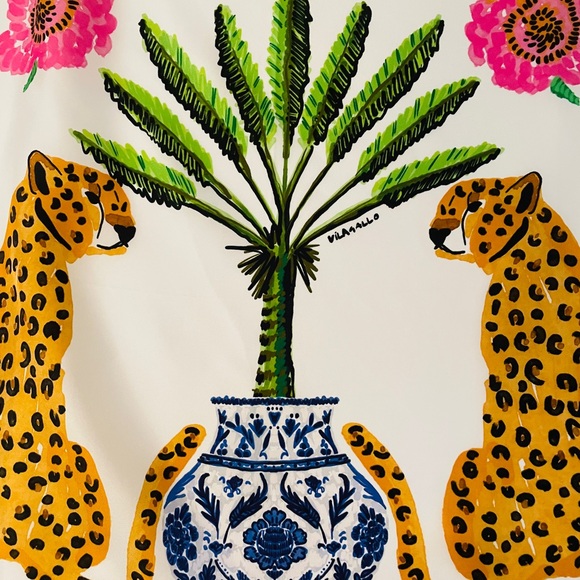 Villa Gallo Colorful Leopard & Palm Silk Scarf with Floral Border - Picture 2 of 7